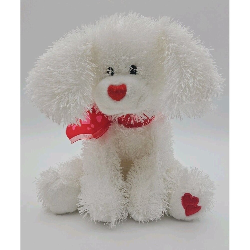 Gund Puppy Dog 'Burlee' White - Red Accent Bow & Hearts Fuzzy Stuffed 8"